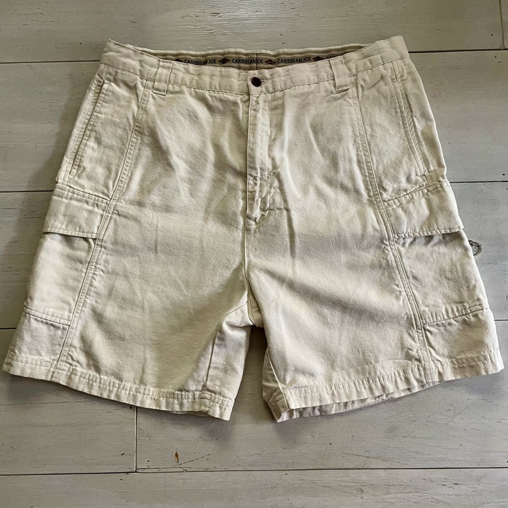 Vtg Caribbean Joe Men's Khaki Cargo Short Sz 38 Utility Pockets Beach Flat Front